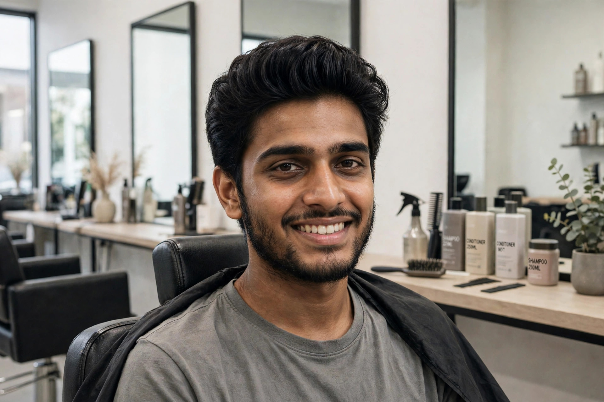 Same man with voluminous, freshly styled hair, looking sharp